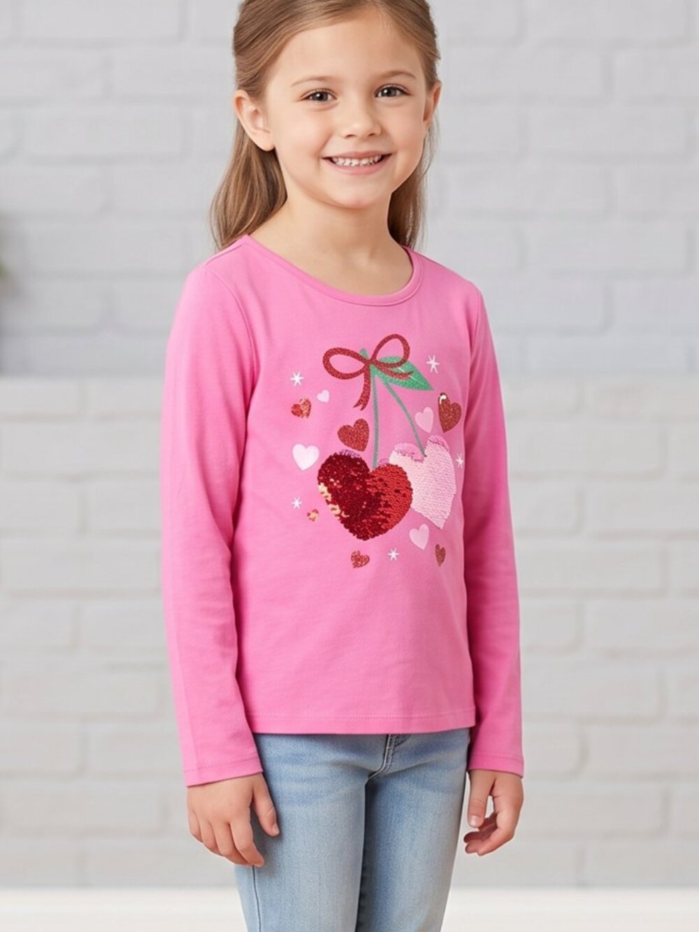 NWT | The Children's Place Pink Sequin Cherry Long Sleeve Top | Keyhole Back | M